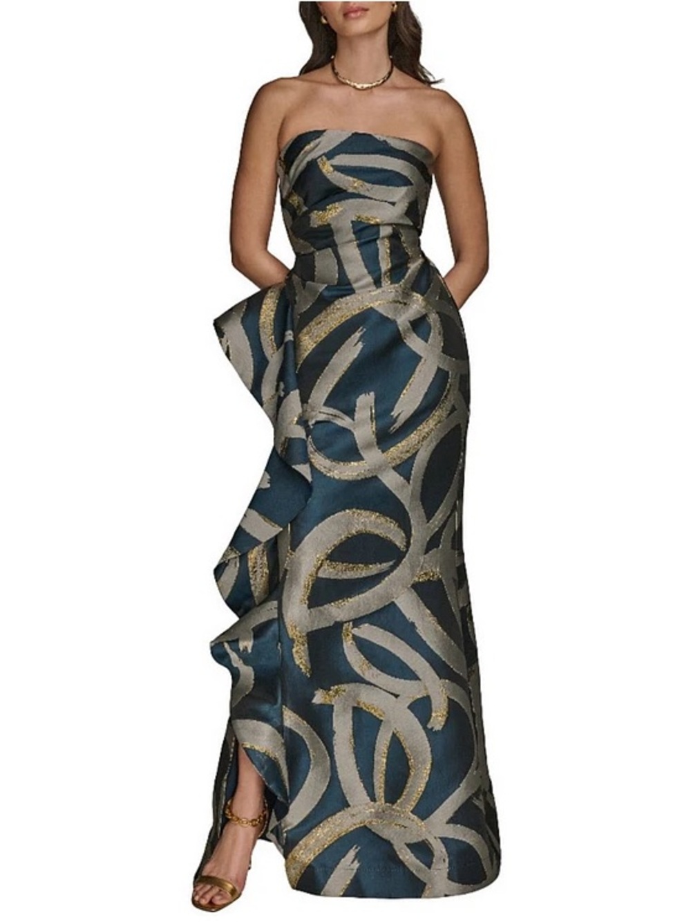 NWTWO Donna Karan New York Ruffle Strapless Metallic Jacquard Trumpet Gown